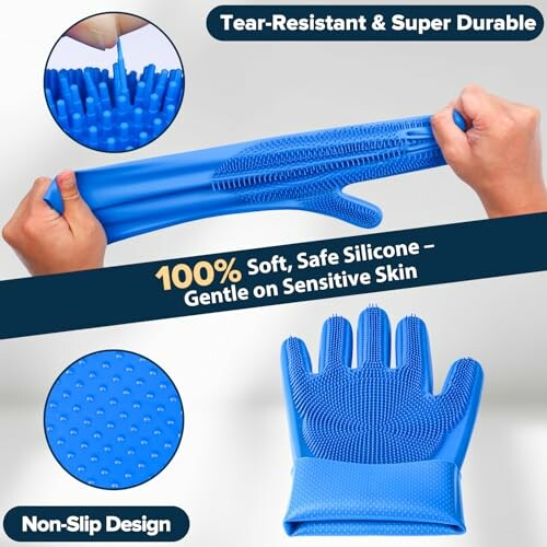 Blue silicone gloves demonstrating tear-resistant and non-slip features.