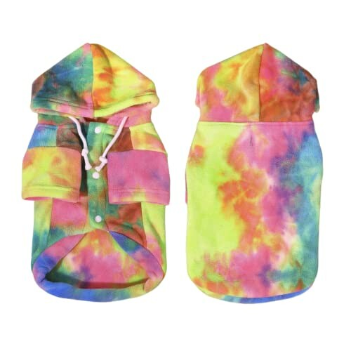Colorful tie-dye pet hoodie with hood and buttons.
