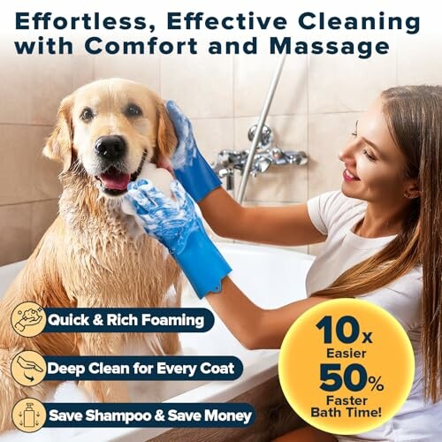 Person using blue gloves to bathe a happy golden retriever in a tub.