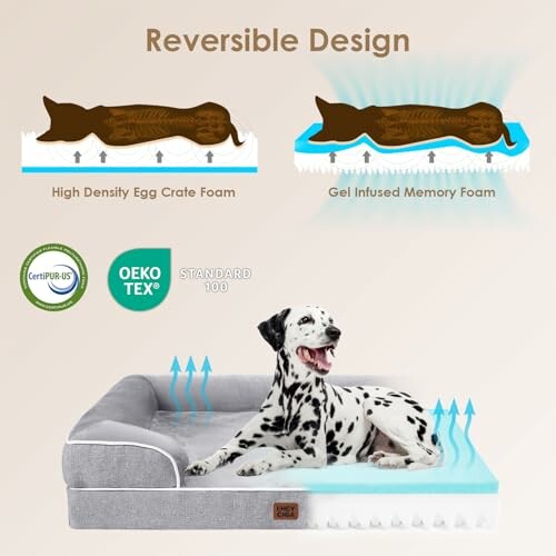 Dog laying on a reversible design bed with foam layers.