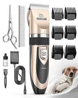 Dog grooming kit with clippers, comb, scissors, and attachments.