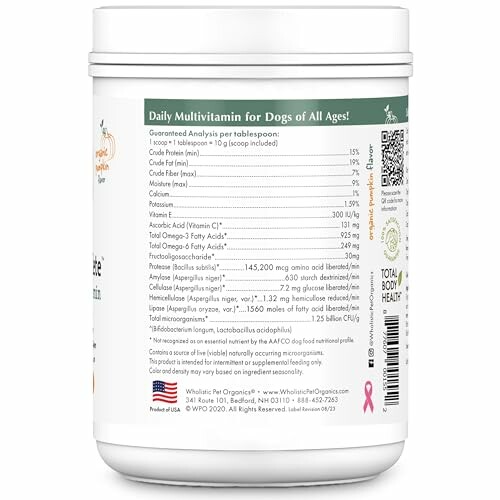 Label of a daily multivitamin for dogs showing ingredients and nutritional information.