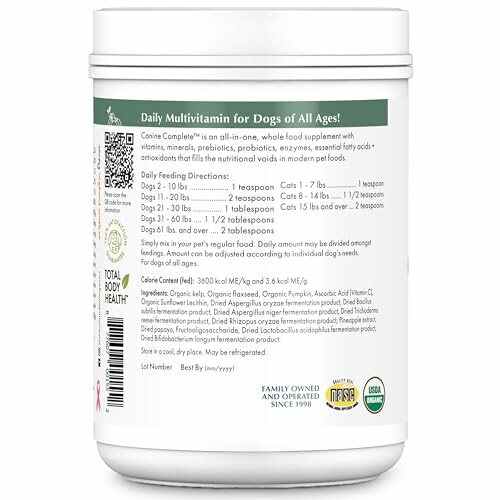 Container of multivitamin supplement for dogs with feeding directions.