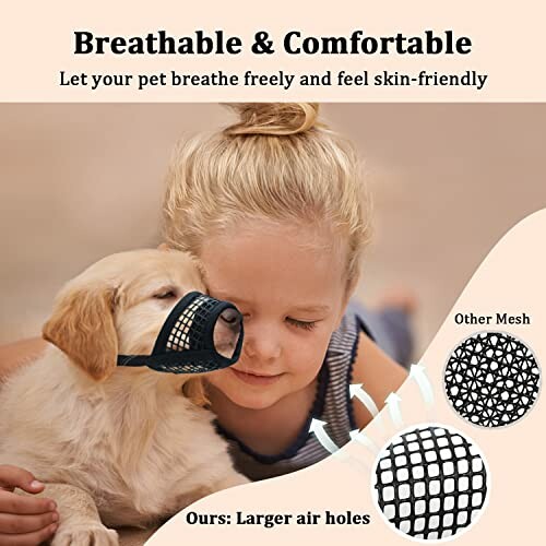 Child with dog wearing breathable muzzle