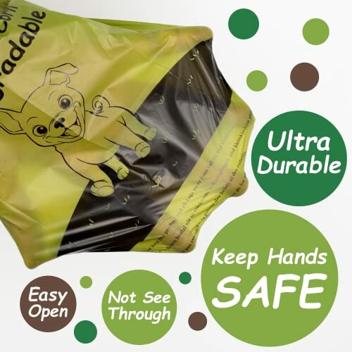 Biodegradable pet waste bags with easy open feature and safety design.