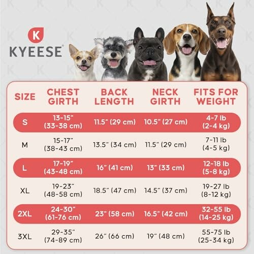 Kyeese dog size chart with measurements for S to 3XL.