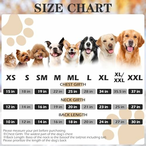 Size chart for dogs with chest girth, neck girth, and back length measurements.