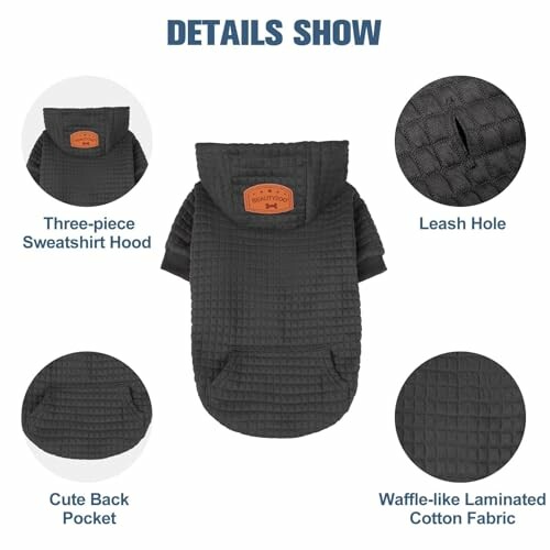 Black dog sweatshirt with hood, leash hole, back pocket, and waffle-like cotton fabric.