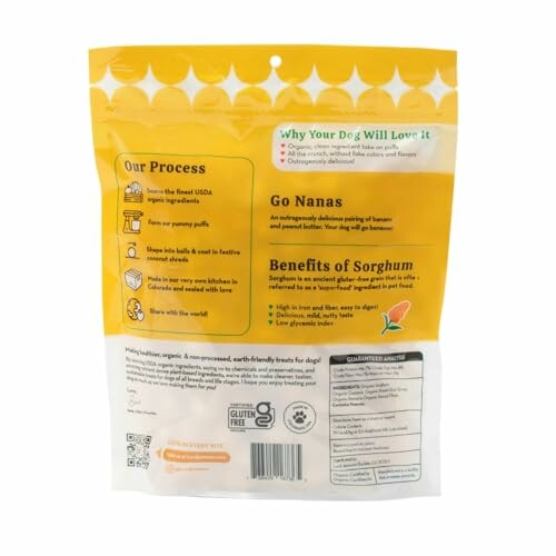 Back of dog treats packaging highlighting process, benefits, and ingredients.