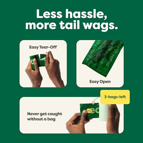 Promotional image highlighting easy tear-off, easy open, and bag indicator features for dog waste bags.