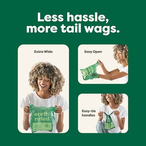 Person holding eco-friendly dog waste bags with text 'Less hassle, more tail wags.'
