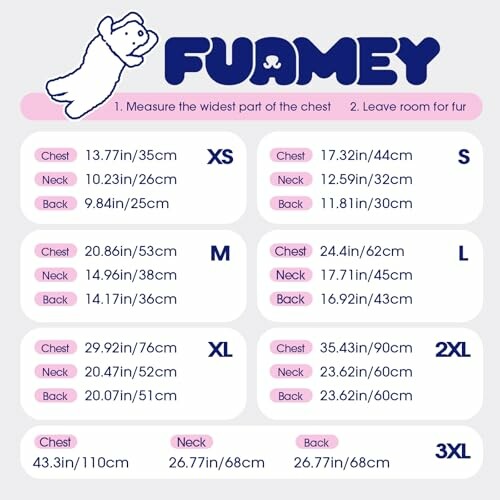 Fuamey dog sweater size chart with measurements for XS to 3XL.