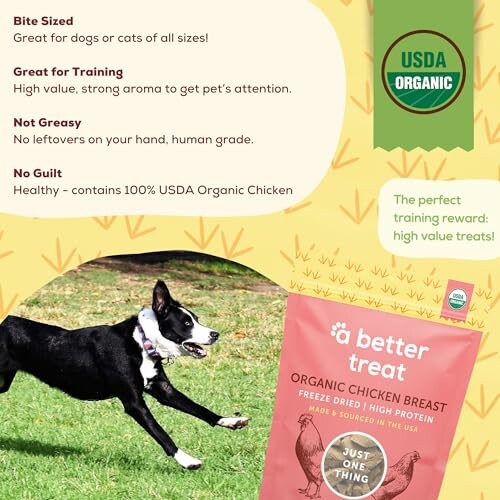 Dog with a treat bag featuring USDA organic chicken.