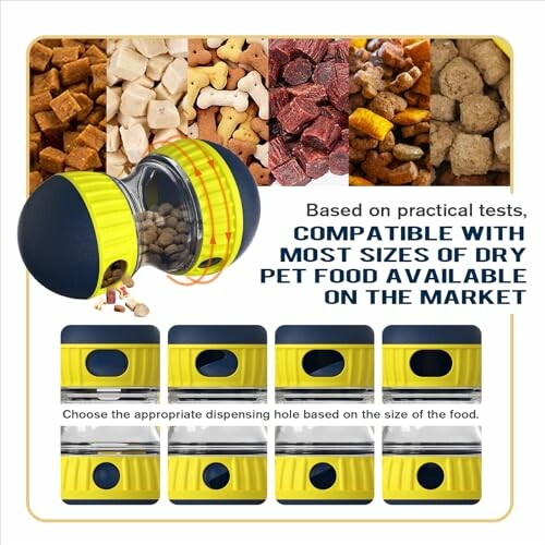 Pet food dispenser compatible with various dry pet foods.