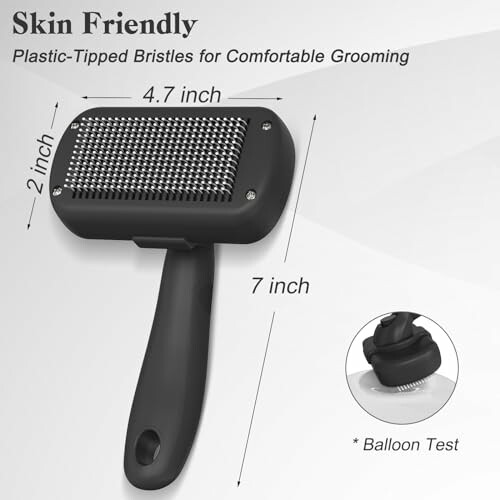 Pet grooming brush with dimensions and plastic-tipped bristles.