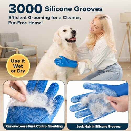 Woman grooming a dog with a blue silicone glove, highlighting features of 3000 silicone grooves for efficient fur removal.