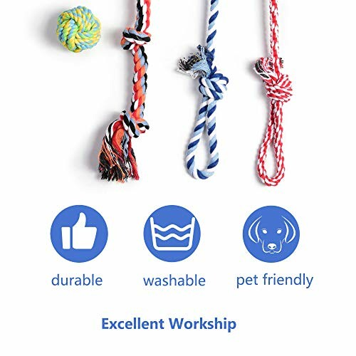 Four colorful rope toys with durability, washability, and pet-friendliness icons, showcasing the Fida Dog Rope Toys' key features!