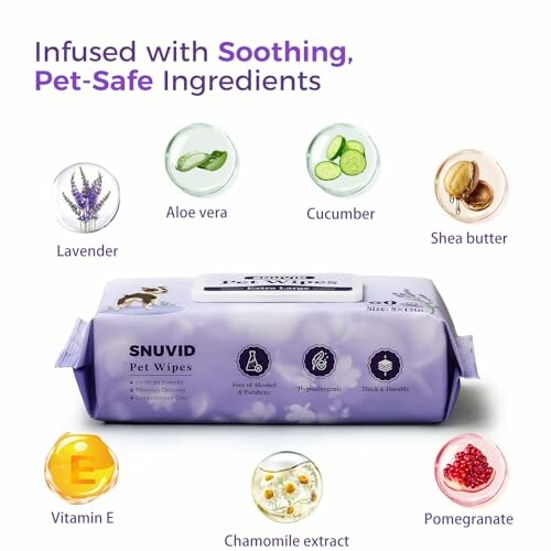 Pet wipes with soothing, pet-safe ingredients like lavender, aloe vera, cucumber, shea butter, vitamin E, chamomile extract, and pomegranate.