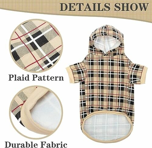 Plaid dog hoodie details showing pattern and fabric.