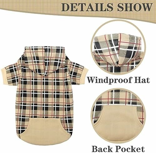 Plaid dog jacket with windproof hat and back pocket