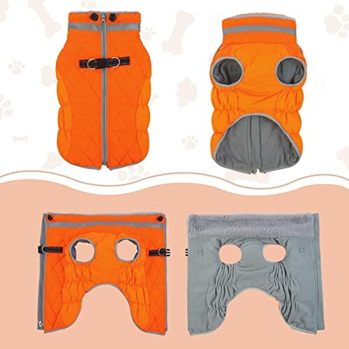 Reversible orange dog jacket with harness holes and reflective stripes.