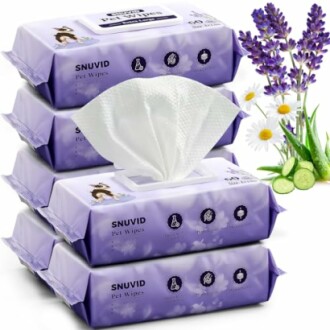 Stack of Snucid pet wipes with lavender and chamomile.