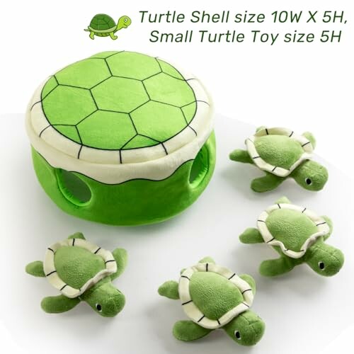 Plush turtle toy set with turtle shell container and four small turtle toys.