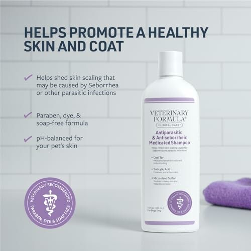 Veterinary Formula medicated shampoo bottle on a counter.