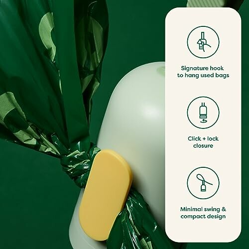 Design features of a waste bag holder with hook, click-lock closure, and compact design.