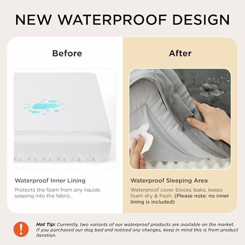 Comparison of before and after waterproof design for a foam product.