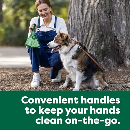 Woman with dog using convenient cleanup handles.